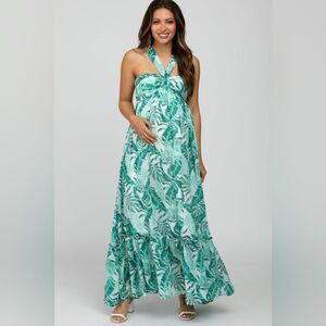 Pinkblush Big Hit Green Palm Print Halter Neck‎ Maternity Maxi Dress Size Small
